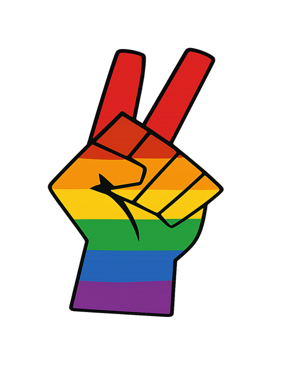 Rainbow-colored fist making a peace sign on a white background
